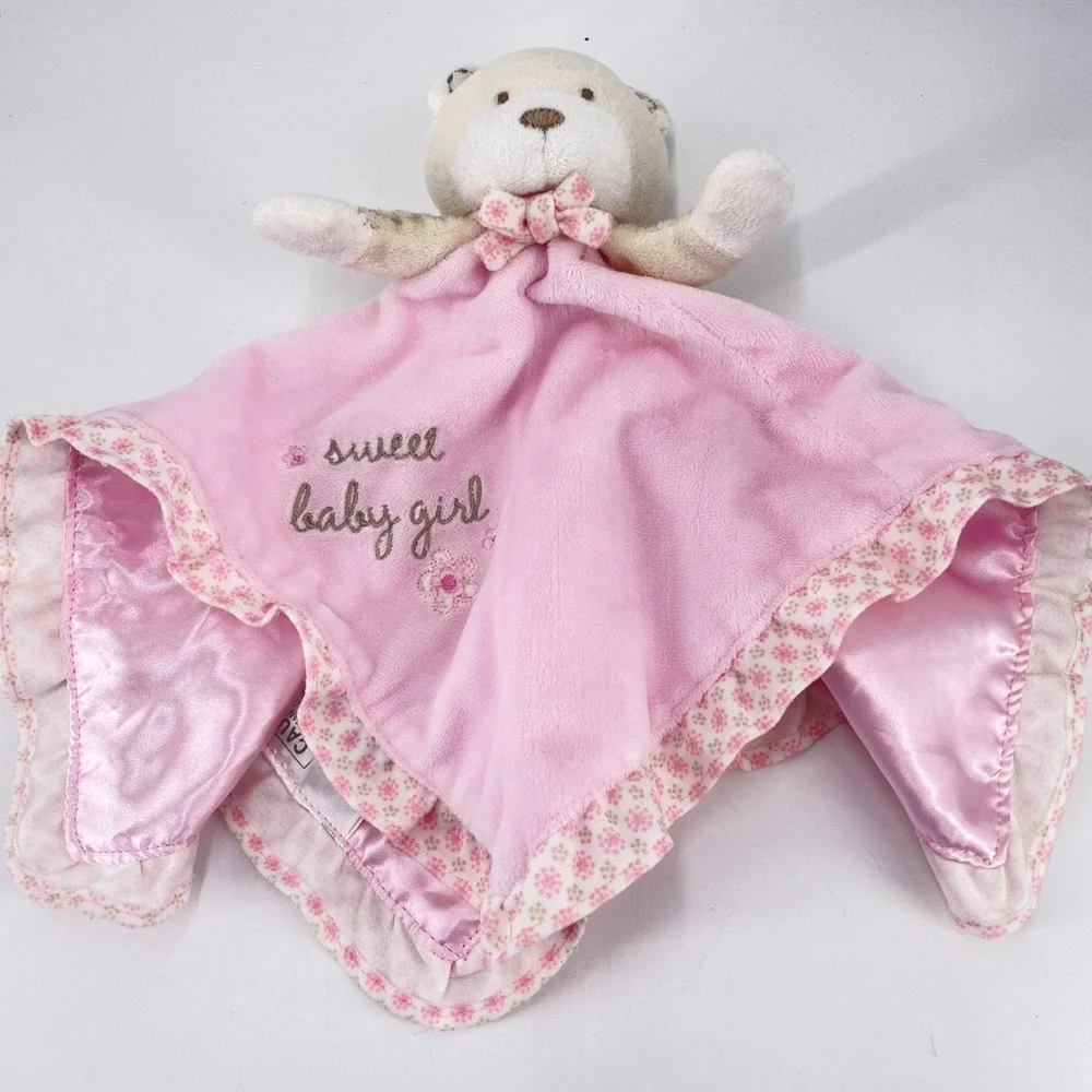 Carters Sweet Baby Girl Pink Bear Security Lovey Floral Ruffle Satin Back Rattle